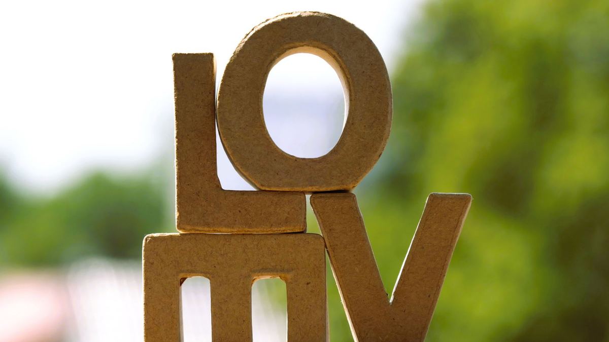 Letras de papelão formando a palavra LOVE sobre fundo verde